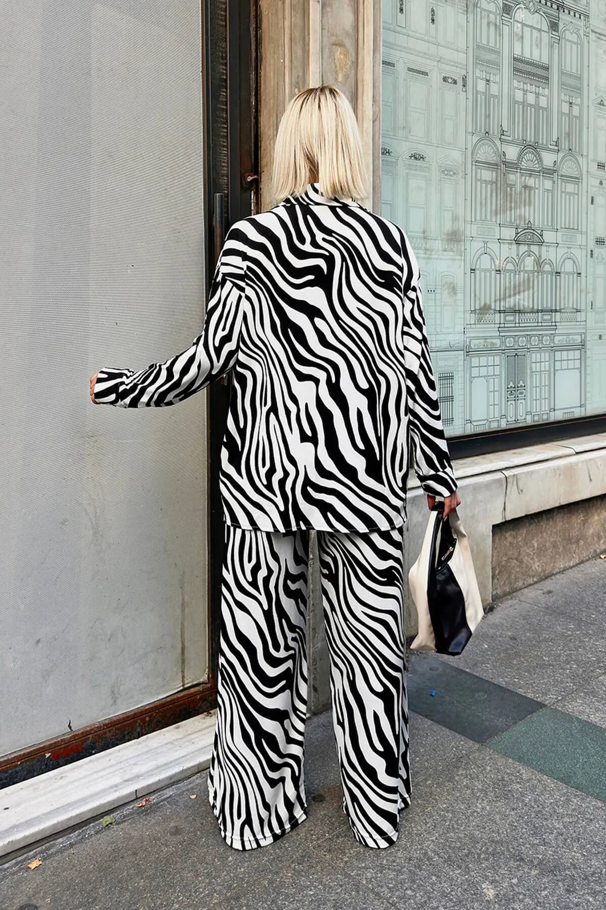 Siyah Burgu Zebra Desenli Gömlek-Pantolon Kadın Alt-Üst Takım