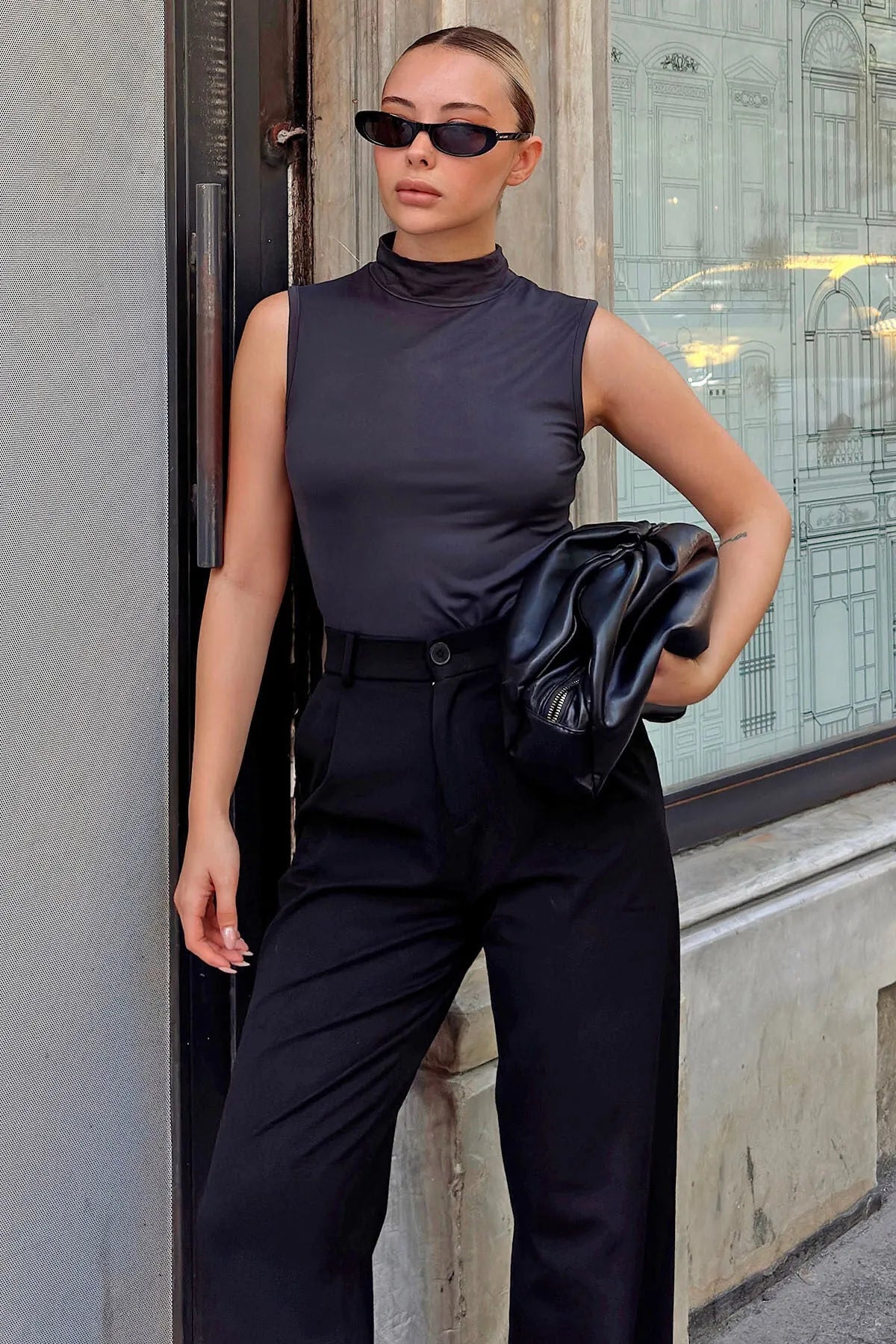 Füme Sıfır Kol Yarım Balıkçı Kadın Body Bluz