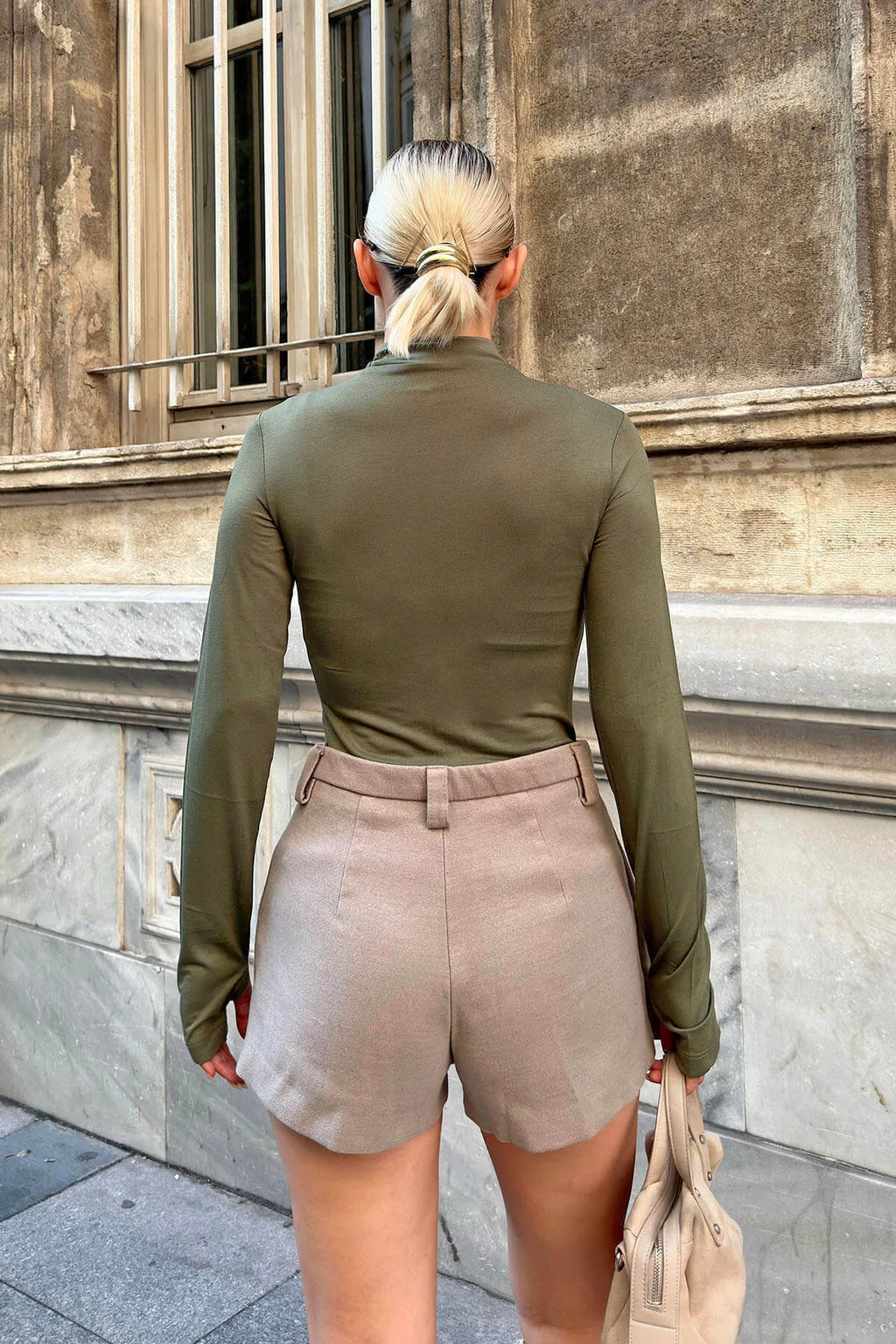 Haki Poi Parmak Detaylı Yarım Balıkçı Kadın Body Bluz