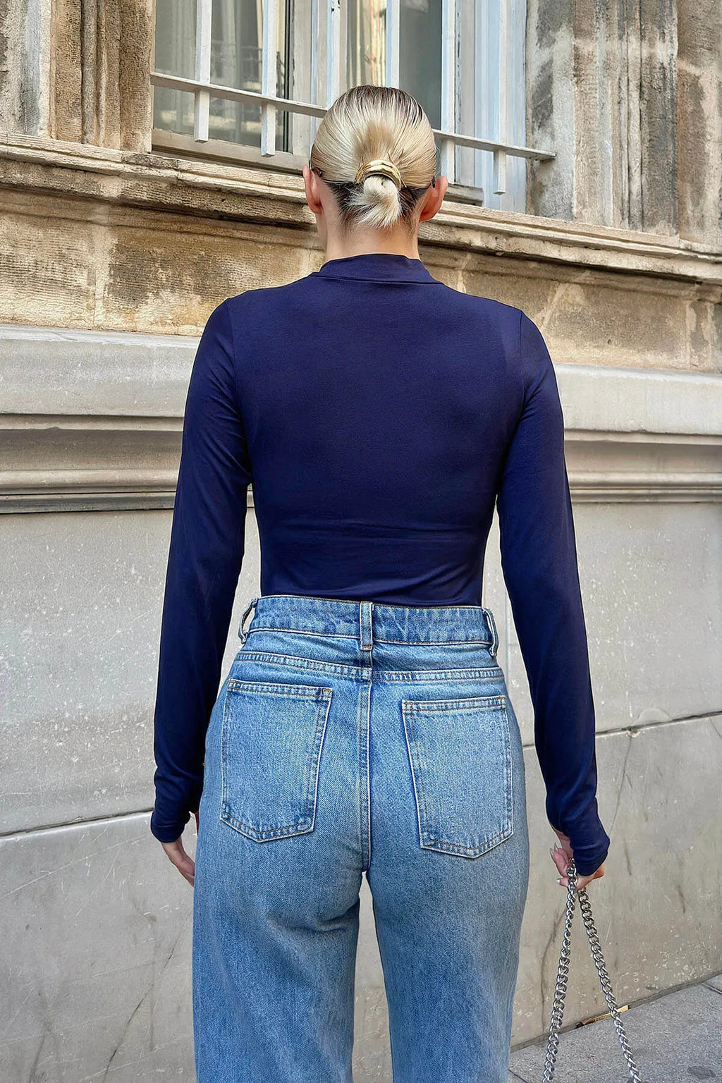 Lacivert Poi Parmak Detaylı Yarım Balıkçı Kadın Body Bluz