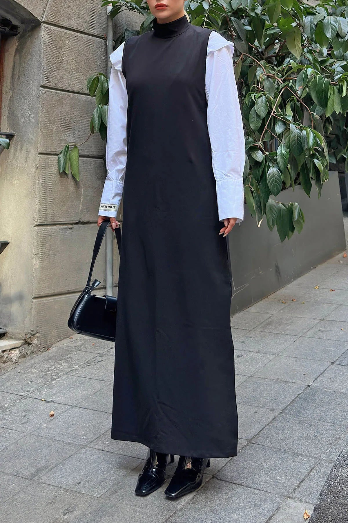 Siyah Mercy Yarım Balıkçı Sıfır Kol Pamuk Karışımlı Kadın Maxi Elbise
