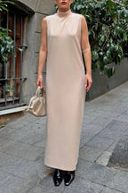 Bej Mercy Yarım Balıkçı Sıfır Kol Pamuk Karışımlı Kadın Maxi Elbise