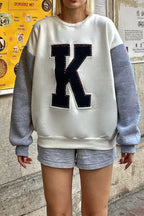 Beyaz Gri Garnili K Nakışlı İçi Pamuklu Kadın Sweatshirt