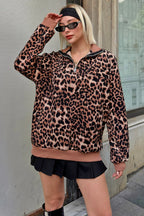 Kahverengi Alexa Yarım Fermuarlı Leopar Desenli Dik Yaka Kadın Sweatshirt
