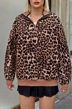 Kahverengi Alexa Yarım Fermuarlı Leopar Desenli Dik Yaka Kadın Sweatshirt
