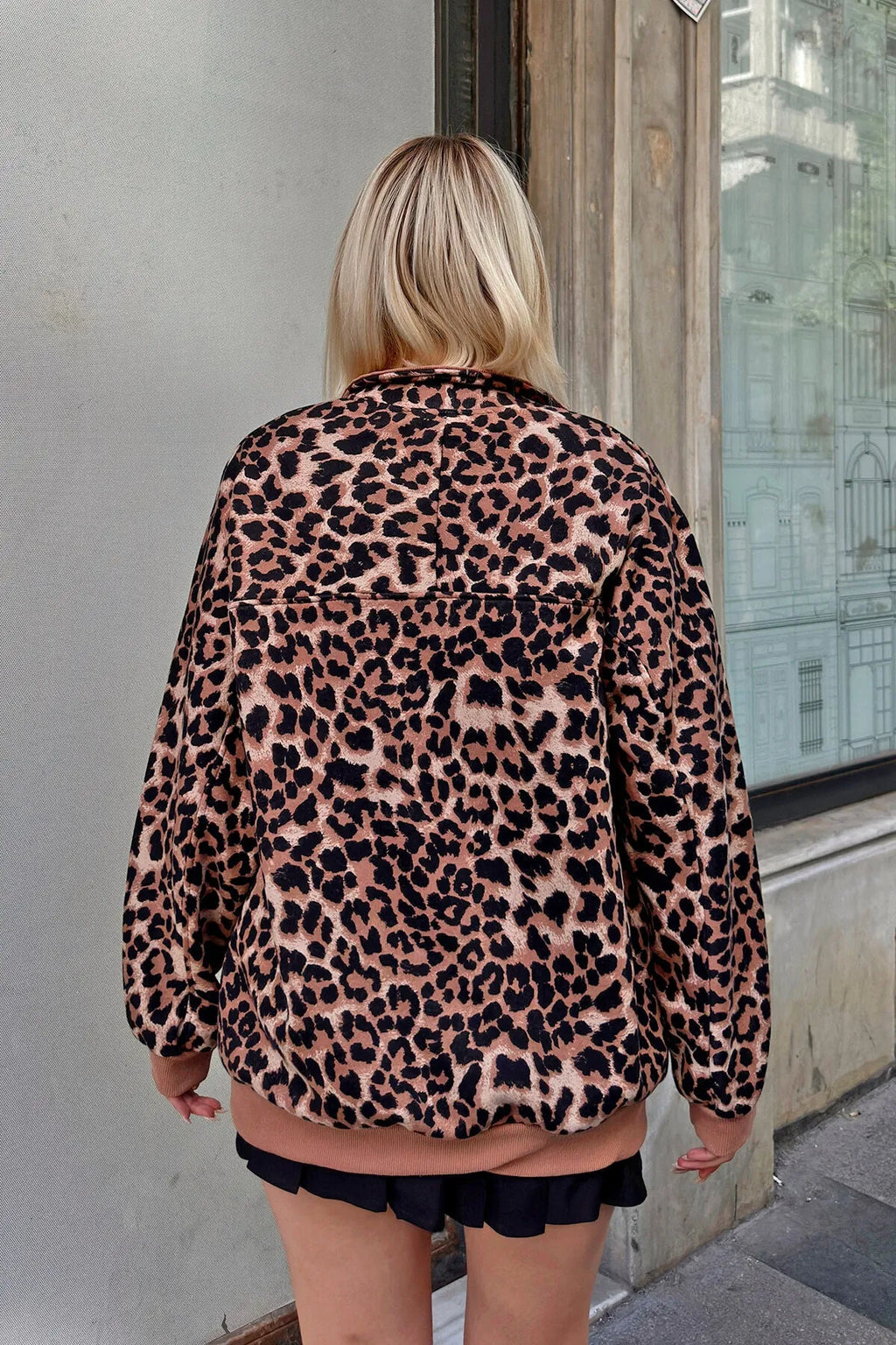 Kahverengi Alexa Yarım Fermuarlı Leopar Desenli Dik Yaka Kadın Sweatshirt