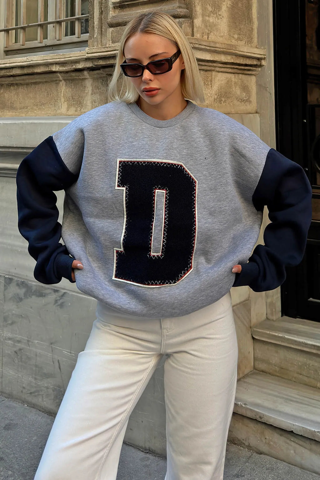 Gri Lacivert D Nakışlı Garnili İçi Pamuklu Kadın Sweatshirt