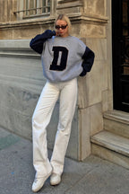 Gri Lacivert D Nakışlı Garnili İçi Pamuklu Kadın Sweatshirt