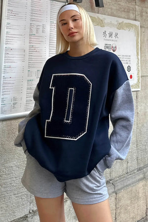 Lacivert Gri D Nakışlı Garnili  İçi Pamuklu Kadın Sweatshirt