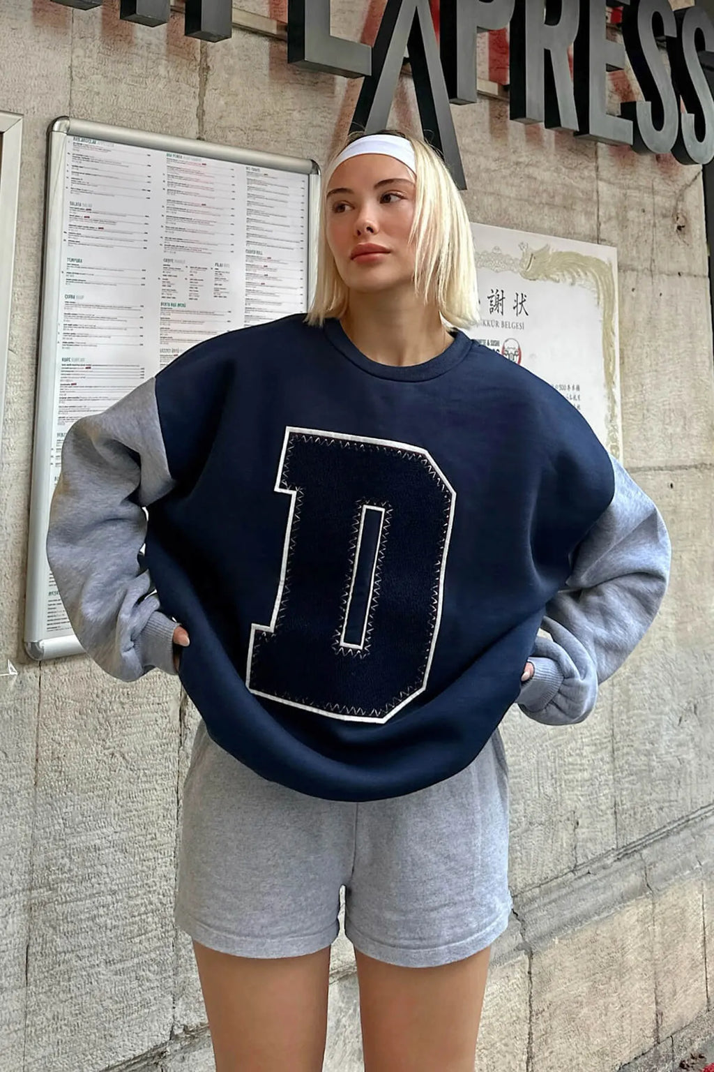 Lacivert Gri D Nakışlı Garnili  İçi Pamuklu Kadın Sweatshirt