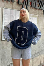 Lacivert Gri D Nakışlı Garnili  İçi Pamuklu Kadın Sweatshirt