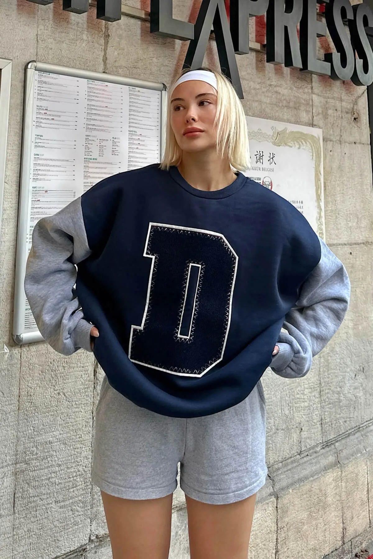 Lacivert Gri D Nakışlı Garnili  İçi Pamuklu Kadın Sweatshirt
