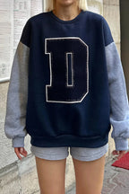 Lacivert Gri D Nakışlı Garnili  İçi Pamuklu Kadın Sweatshirt