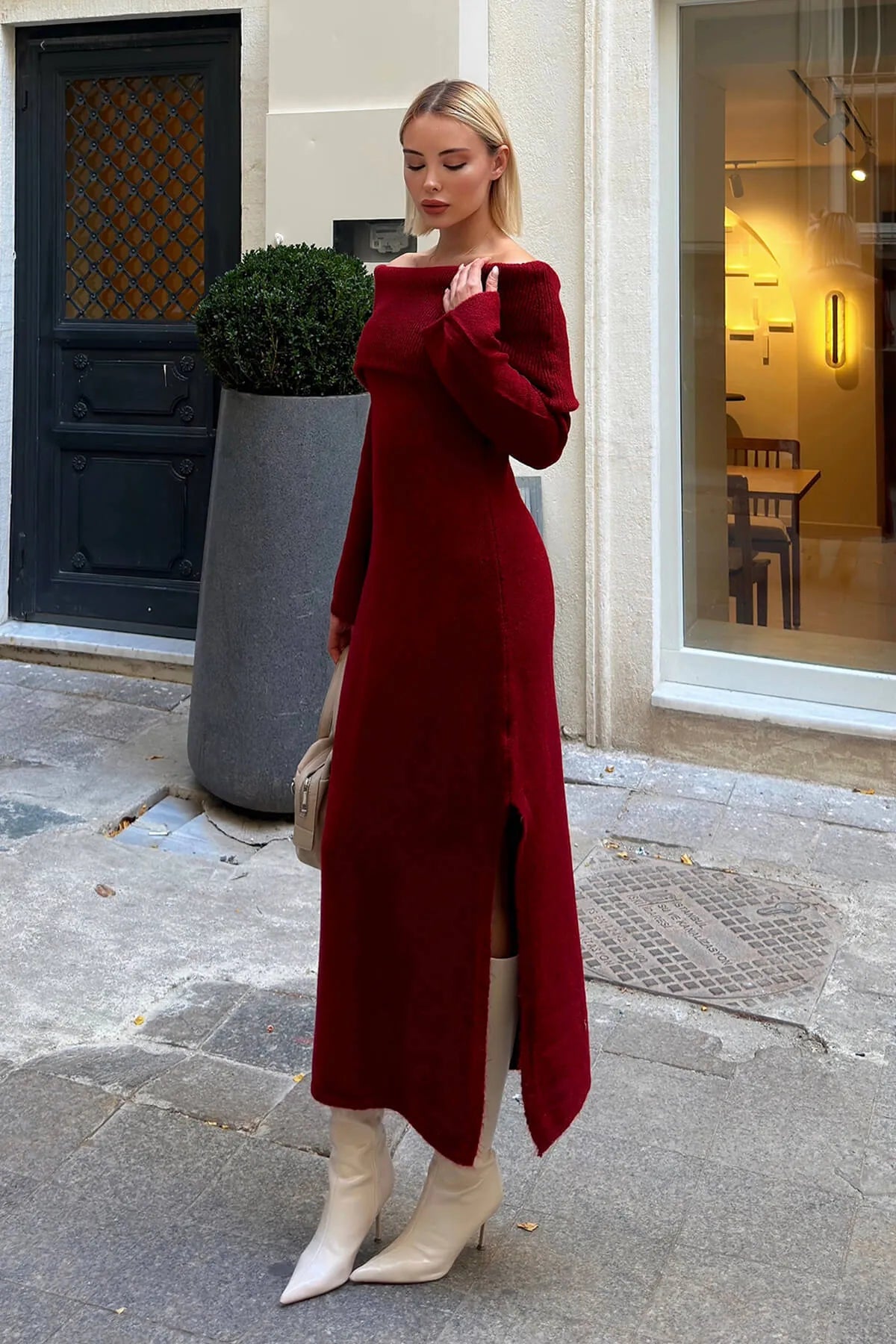 Bordo Que Madonna Yaka Yırtmaçlı Örgü Kadın Triko Midi Elbise