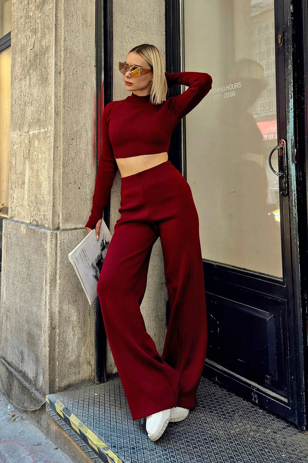 Bordo Yarım Balıkçı Örgü Crop Kazak Pantolon Triko Alt-Üst Takım