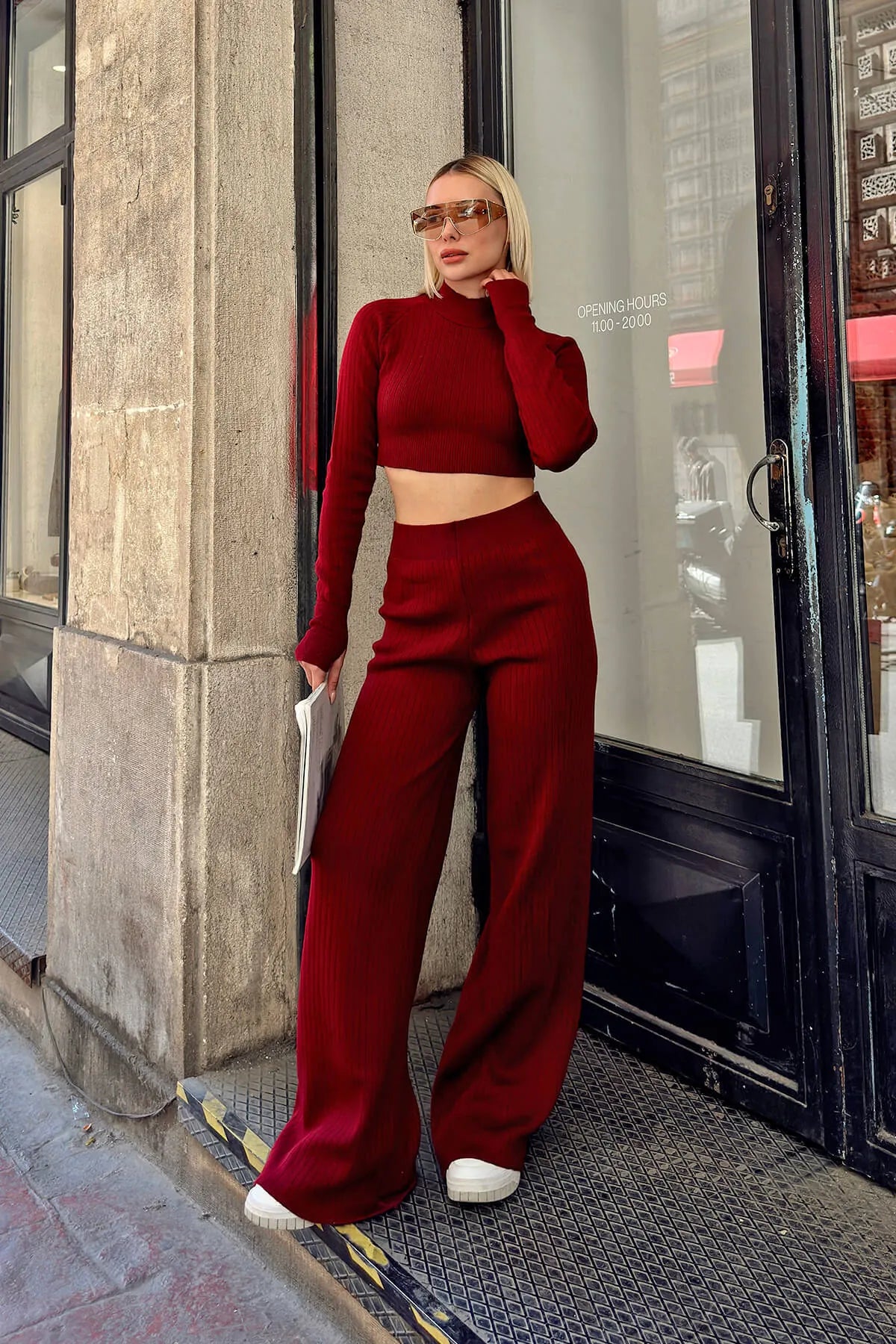 Bordo Yarım Balıkçı Örgü Crop Kazak Pantolon Triko Alt-Üst Takım