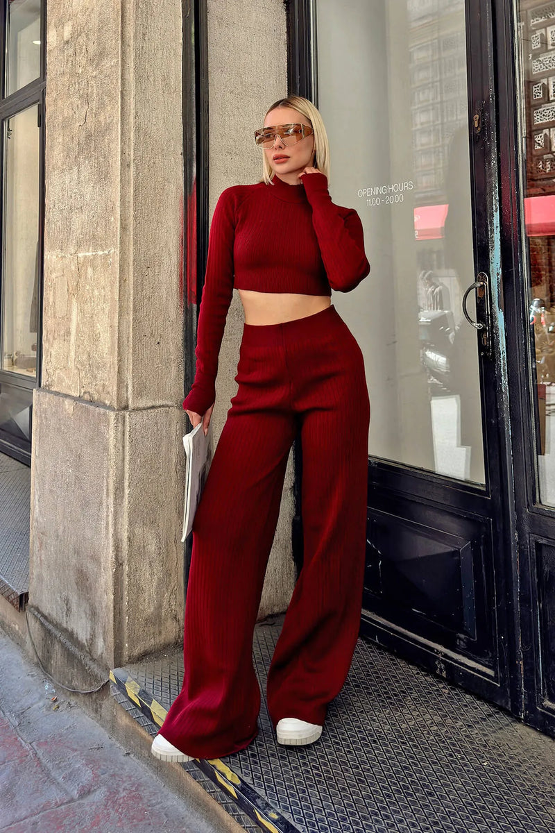 Bordo Yarım Balıkçı Örgü Crop Kazak Pantolon Triko Alt-Üst Takım