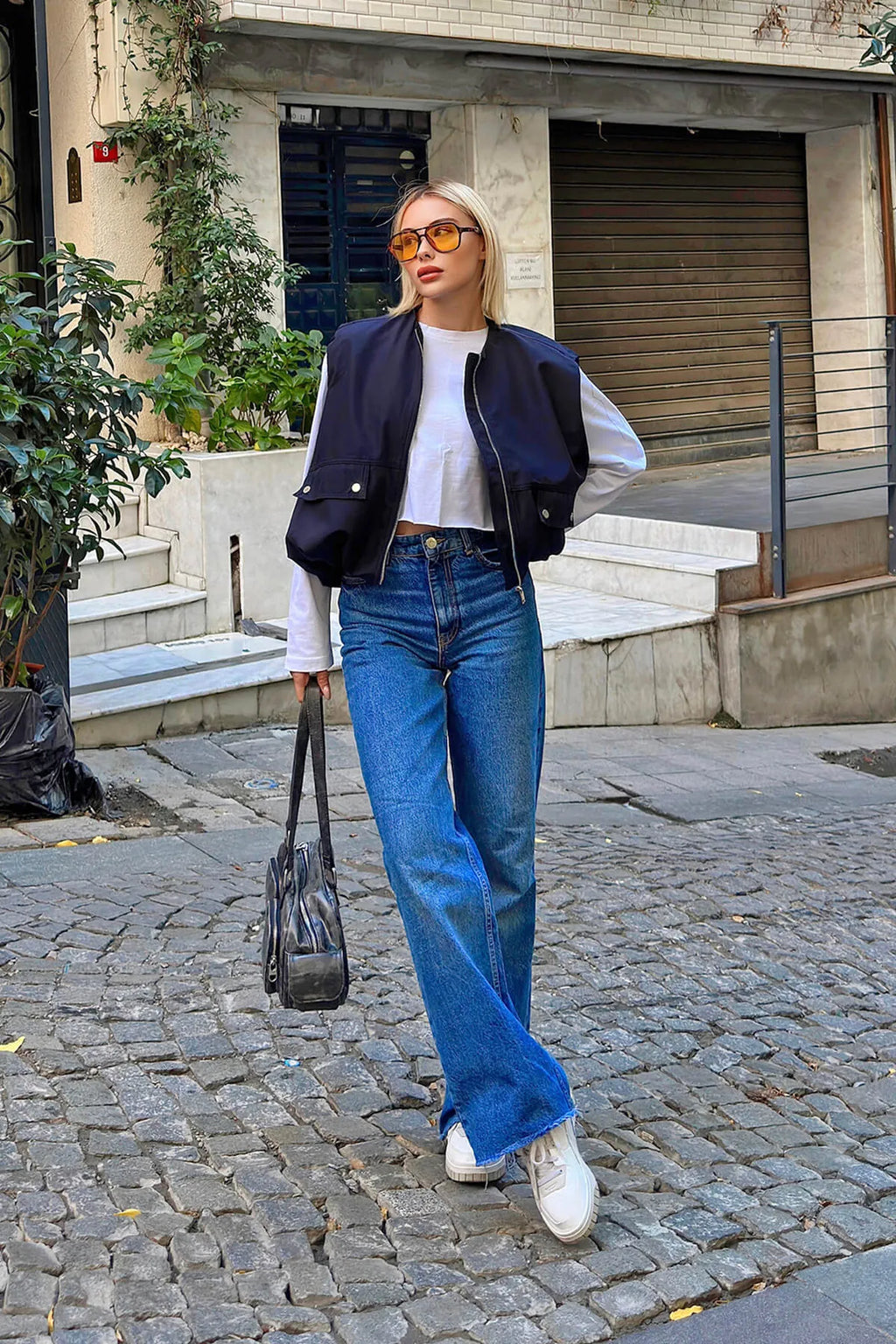 Lacivert Gabardin Bisiklet Yaka Çift Cepli Sıfır Kol Kadın Yelek
