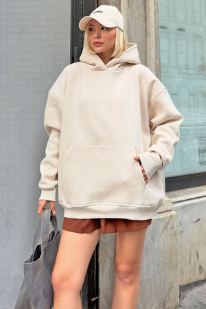 Bej Stay Kapüşonlu Kanguru Cepli İçi Polarlı Oversize Kadın Sweatshirt