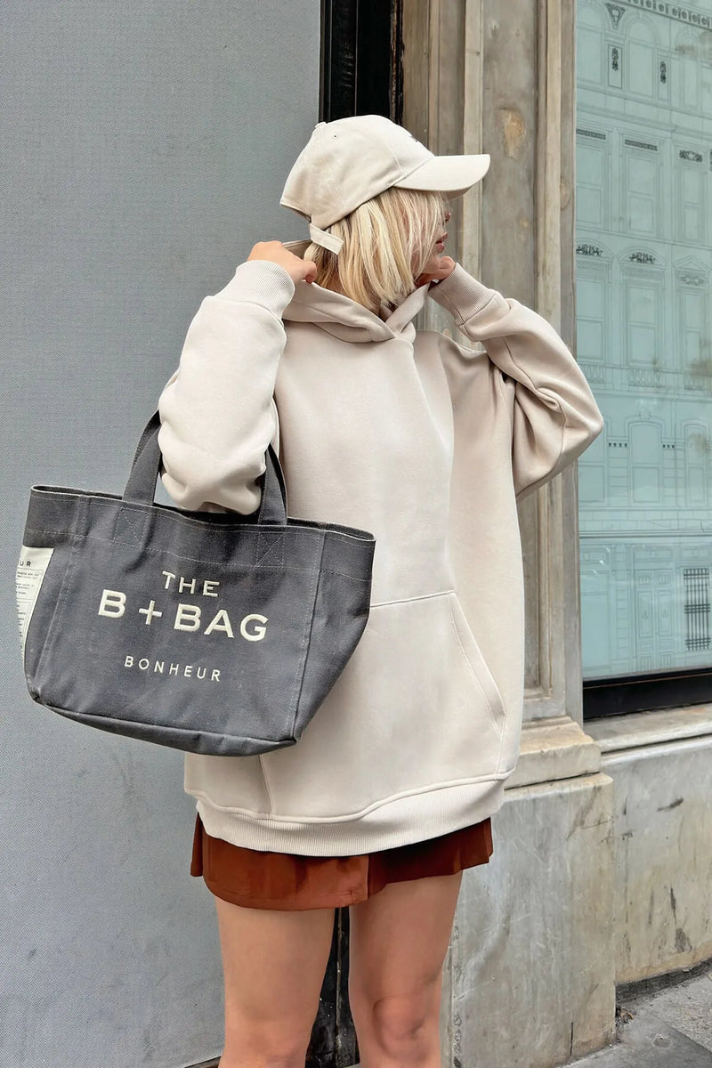 Bej Stay Kapüşonlu Kanguru Cepli İçi Polarlı Oversize Kadın Sweatshirt
