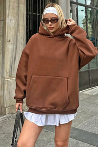 Kahverengi Stay Kapüşonlu Kanguru Cepli İçi Polarlı Oversize Kadın Sweatshirt