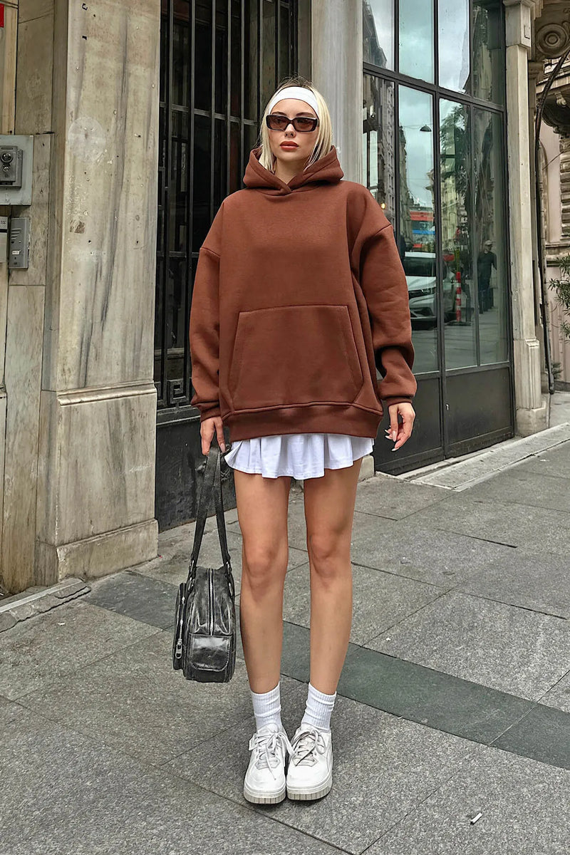 Kahverengi Stay Kapüşonlu Kanguru Cepli İçi Polarlı Oversize Kadın Sweatshirt