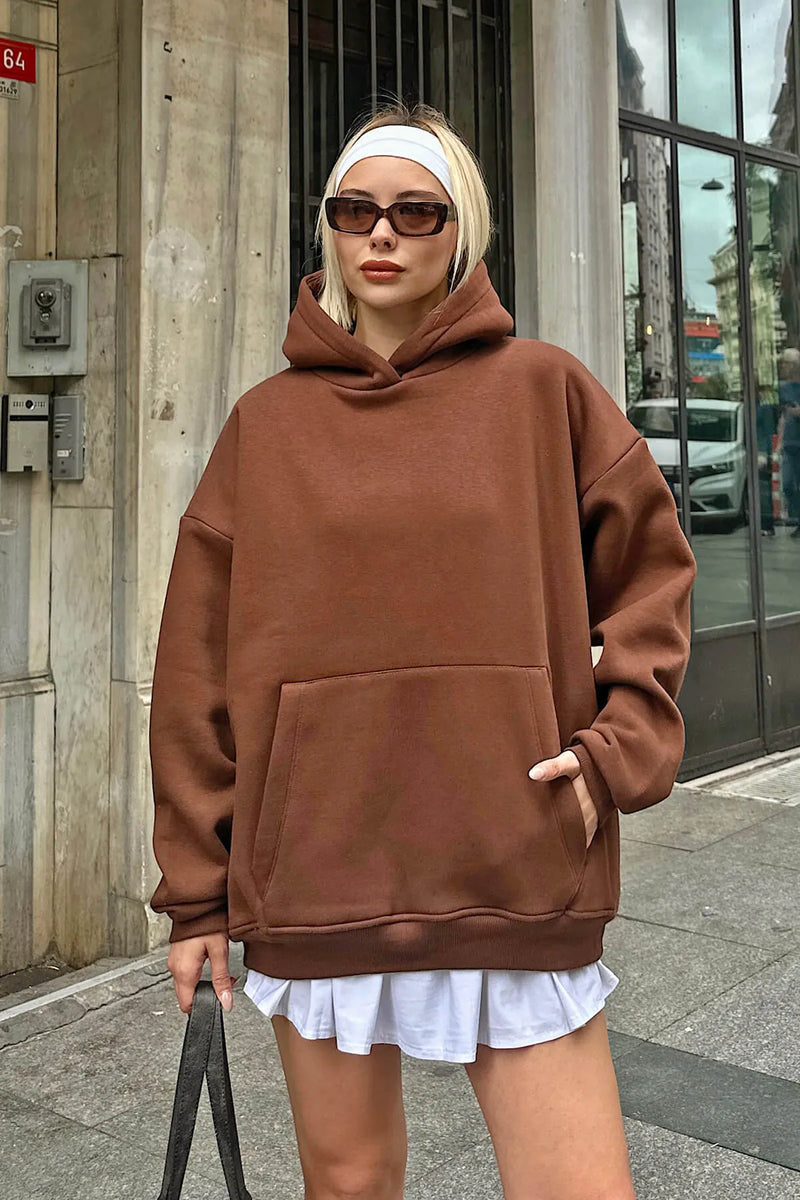 Kahverengi Stay Kapüşonlu Kanguru Cepli İçi Polarlı Oversize Kadın Sweatshirt