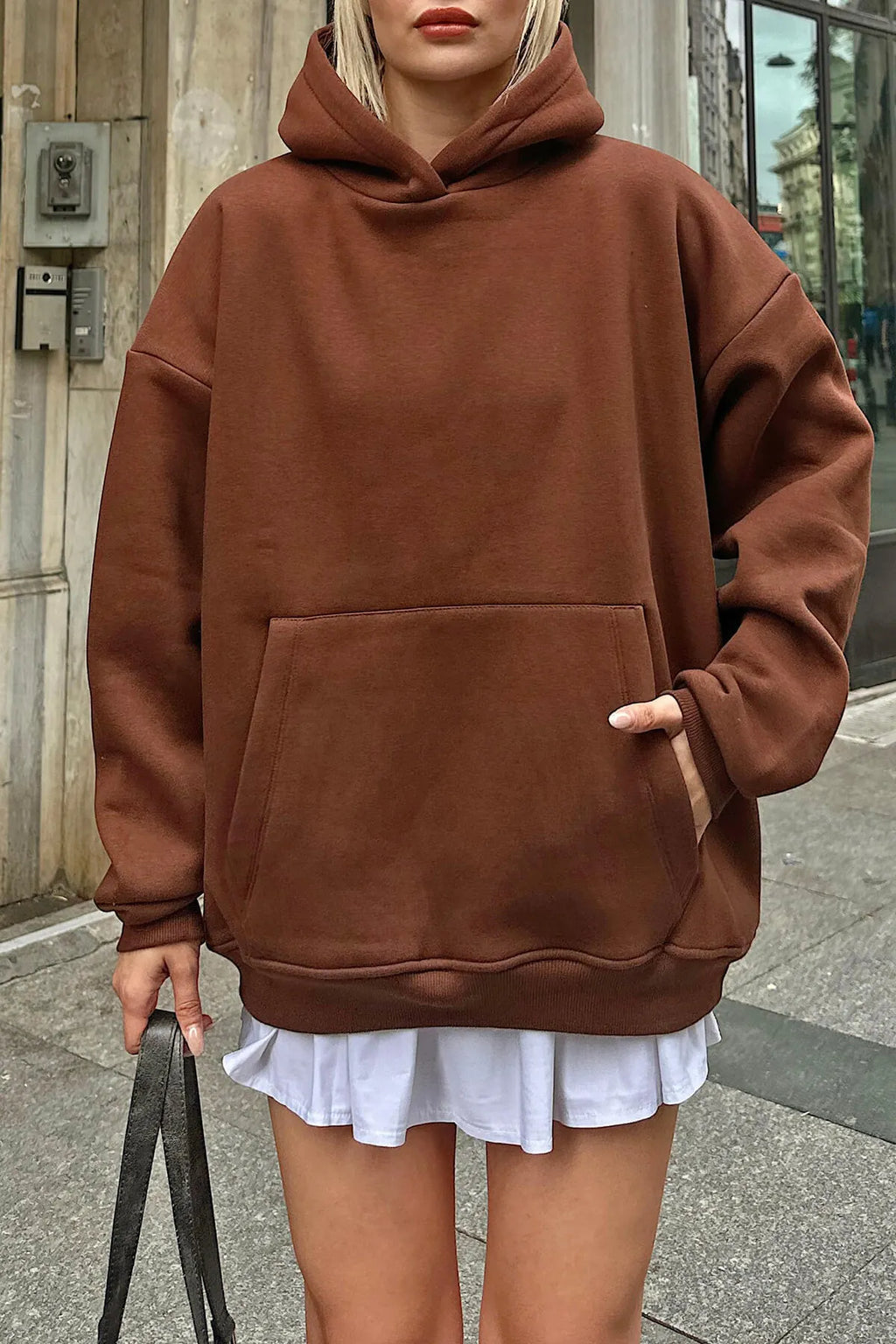 Kahverengi Stay Kapüşonlu Kanguru Cepli İçi Polarlı Oversize Kadın Sweatshirt