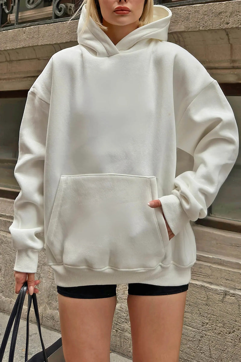 Beyaz Stay Kapüşonlu Kanguru Cepli İçi Polarlı Oversize Kadın Sweatshirt