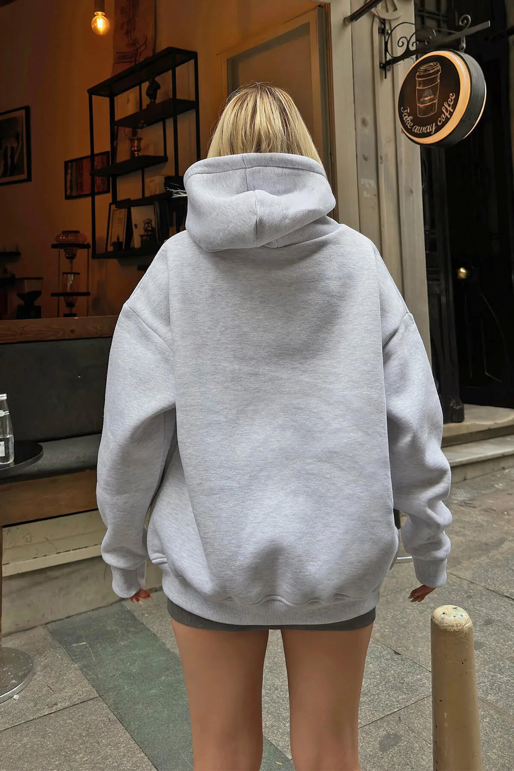 Gri Stay Kapüşonlu Kanguru Cepli İçi Polarlı Oversize Kadın Sweatshirt