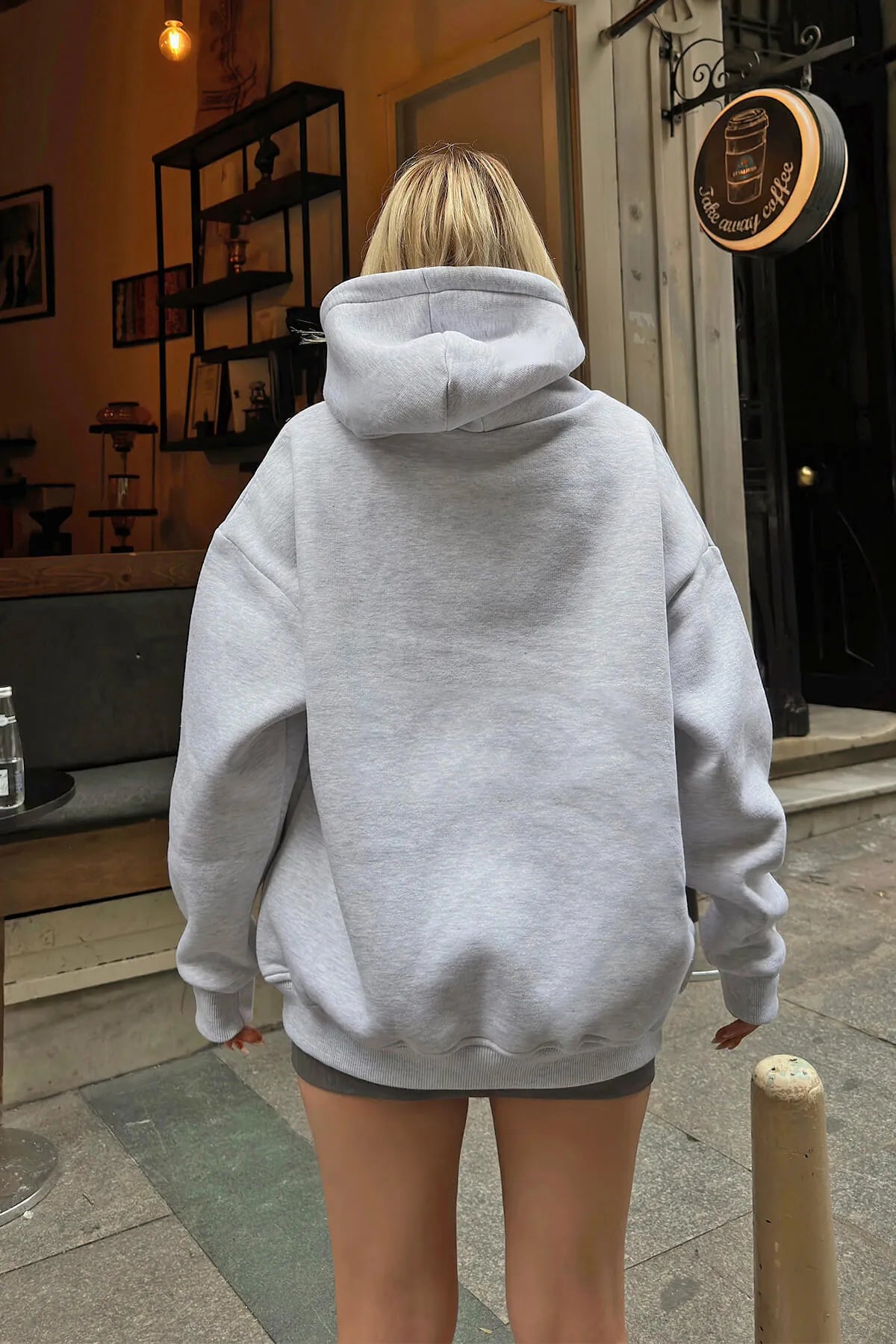 Gri Stay Kapüşonlu Kanguru Cepli İçi Polarlı Oversize Kadın Sweatshirt