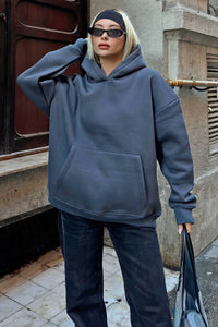 Füme Stay Kapüşonlu Kanguru Cepli İçi Polarlı Oversize Kadın Sweatshirt