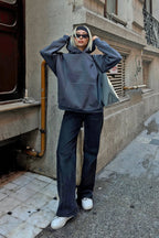Füme Stay Kapüşonlu Kanguru Cepli İçi Polarlı Oversize Kadın Sweatshirt