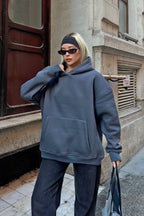 Füme Stay Kapüşonlu Kanguru Cepli İçi Polarlı Oversize Kadın Sweatshirt