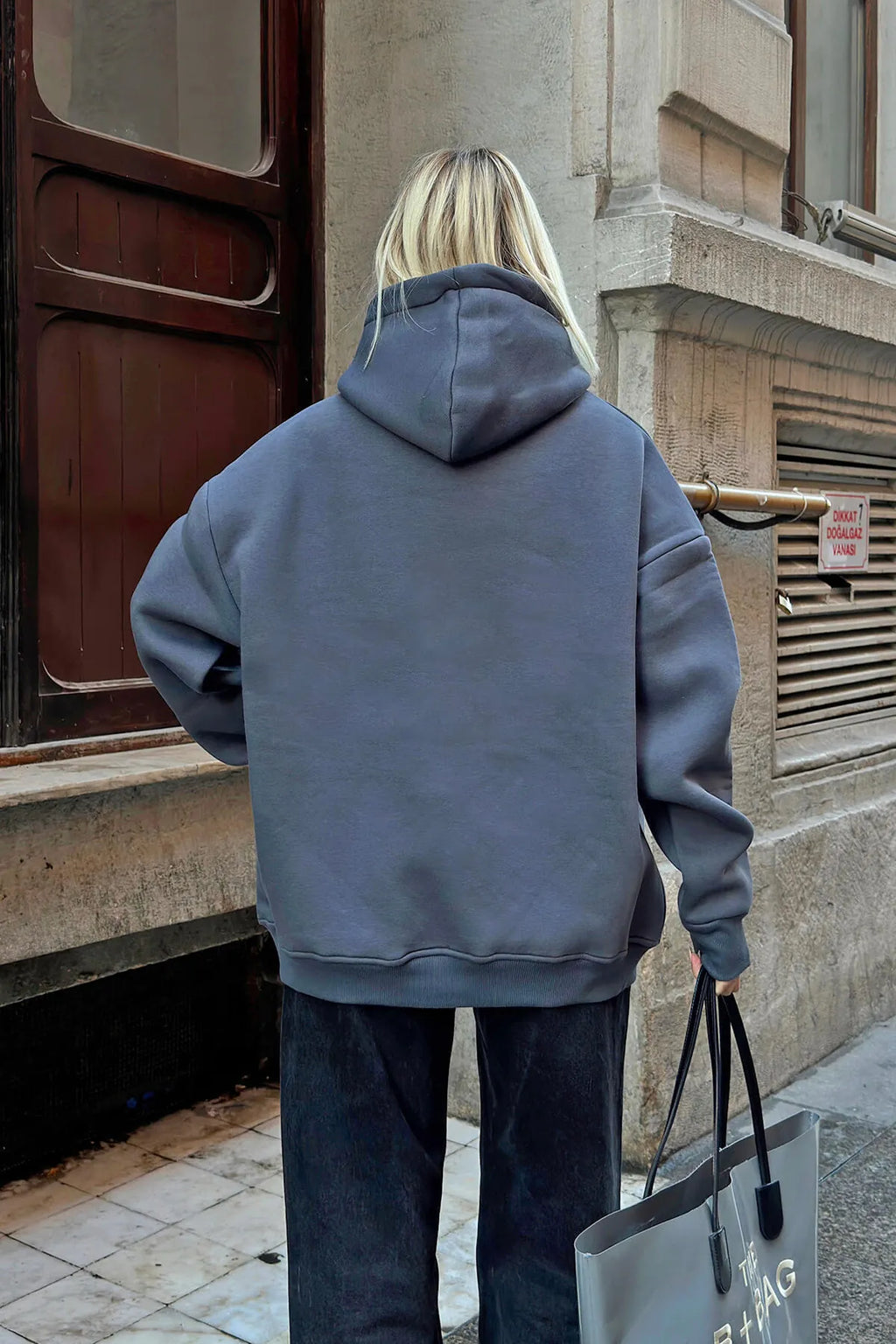 Füme Stay Kapüşonlu Kanguru Cepli İçi Polarlı Oversize Kadın Sweatshirt