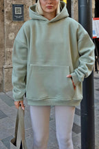 Mint Yeşili Stay Kapüşonlu Kanguru Cepli İçi Polarlı Oversize Kadın Sweatshirt