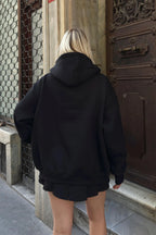 Siyah Stay Kapüşonlu Kanguru Cepli İçi Polarlı Oversize Kadın Sweatshirt