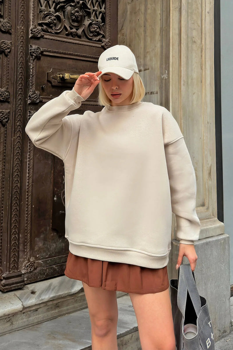 Bej Walk Bisiklet Yaka İçi Polarlı Basic Oversize Kadın Sweatshirt