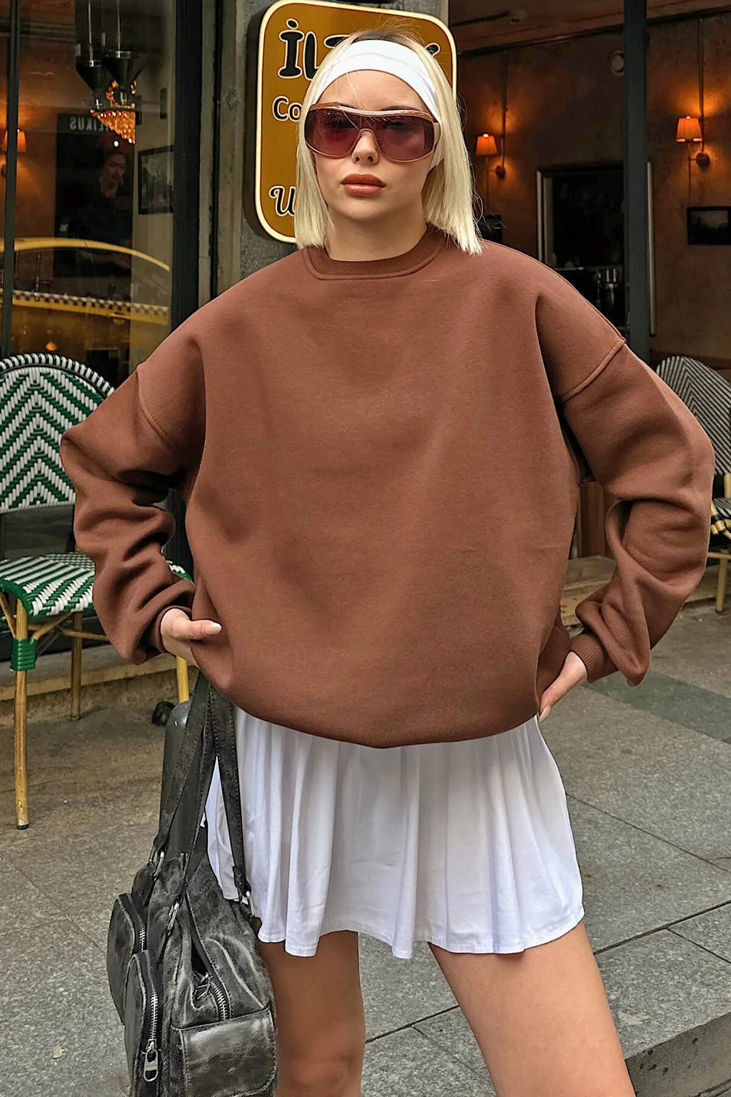 Kahverengi Walk Bisiklet Yaka İçi Polarlı Basic Oversize Kadın Sweatshirt