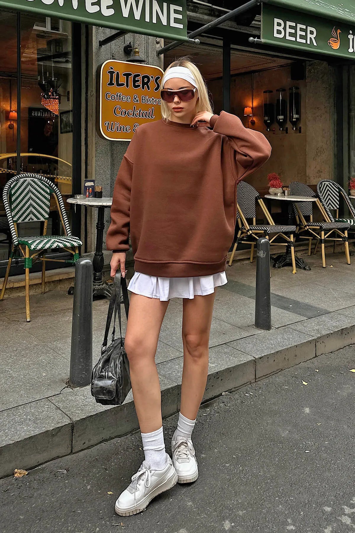 Kahverengi Walk Bisiklet Yaka İçi Polarlı Basic Oversize Kadın Sweatshirt