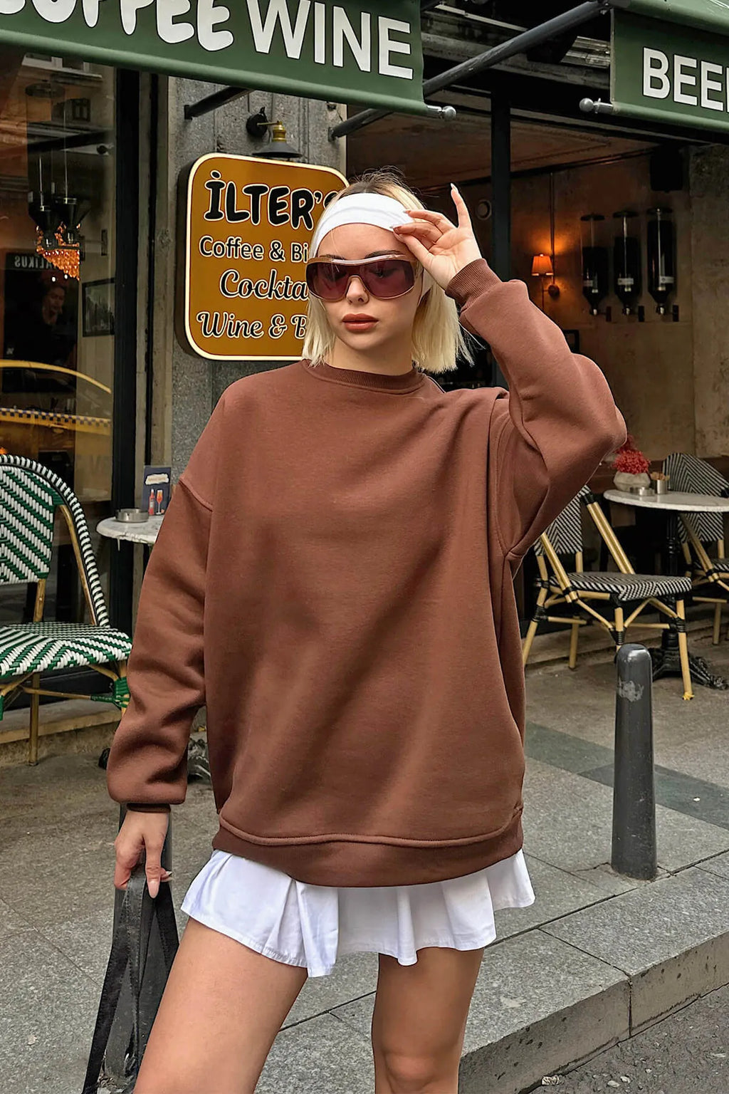 Kahverengi Walk Bisiklet Yaka İçi Polarlı Basic Oversize Kadın Sweatshirt