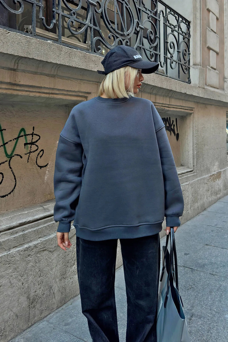 Füme Walk Bisiklet Yaka İçi Polarlı Basic Oversize Kadın Sweatshirt
