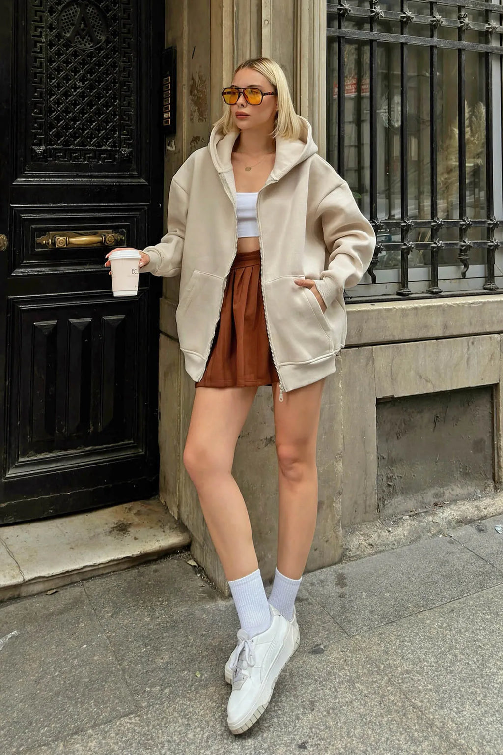 Bej Lena Fermuarlı Kapüşonlu Cepli İçi Polarlı Oversize Kadın Sweatshirt