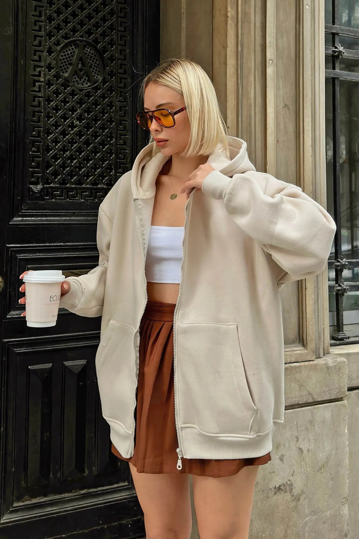 Bej Lena Fermuarlı Kapüşonlu Cepli İçi Polarlı Oversize Kadın Sweatshirt