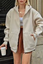 Bej Lena Fermuarlı Kapüşonlu Cepli İçi Polarlı Oversize Kadın Sweatshirt