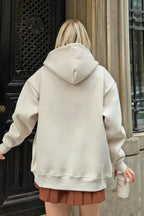 Bej Lena Fermuarlı Kapüşonlu Cepli İçi Polarlı Oversize Kadın Sweatshirt