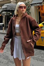 Kahverengi Lena Fermuarlı Kapüşonlu Cepli İçi Polarlı Oversize Kadın Sweatshirt