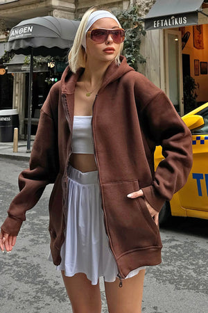Kahverengi Lena Fermuarlı Kapüşonlu Cepli İçi Polarlı Oversize Kadın Sweatshirt