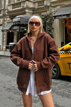 Kahverengi Lena Fermuarlı Kapüşonlu Cepli İçi Polarlı Oversize Kadın Sweatshirt