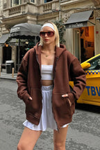 Kahverengi Lena Fermuarlı Kapüşonlu Cepli İçi Polarlı Oversize Kadın Sweatshirt